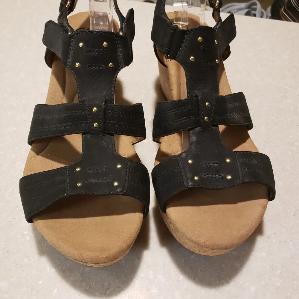 Clarks Annadel Pearl Black Nubuck Leather Wedge Sandals Womens Size 9.5
